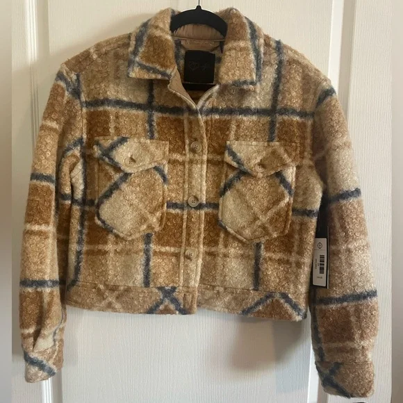 NWT RD Style Tan and Navy Blue Plaid Teddy Jacket Size XS - Picture 1 of 4